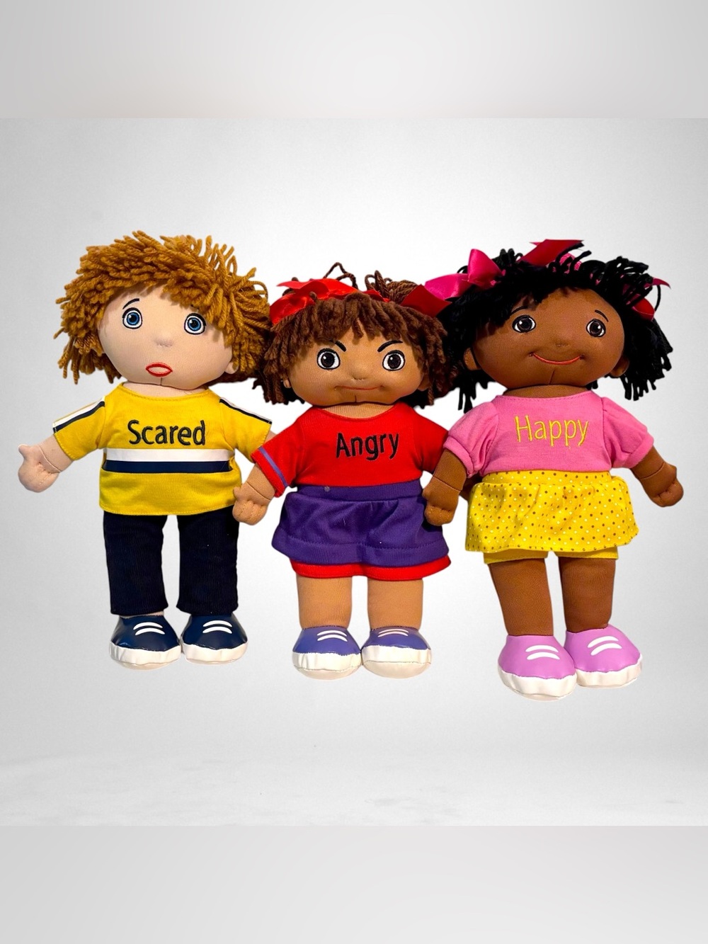 Lakeshore 12” Tall Feelings Soft Sewn Washable Dolls- Scared, Happy, Angry